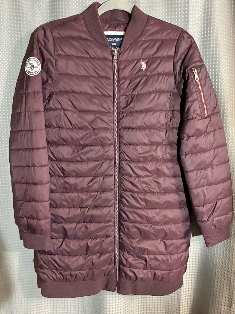 U.S. Polo Assn.Maroon Quilted Bomber Jacket Sz S Long Full Zip Pockets Patch NY